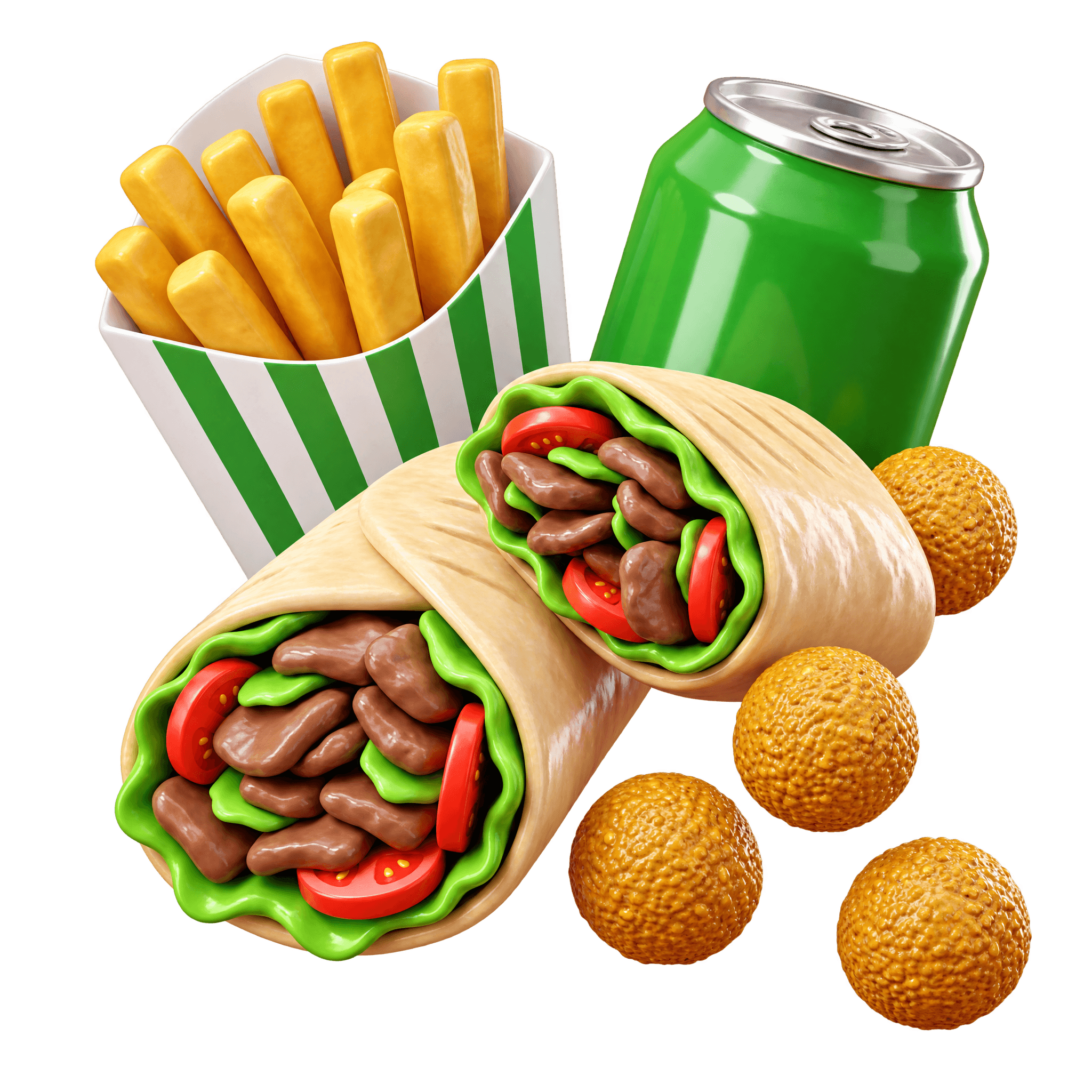 Shawerma, papas fritas, una lata de bebida y falafel