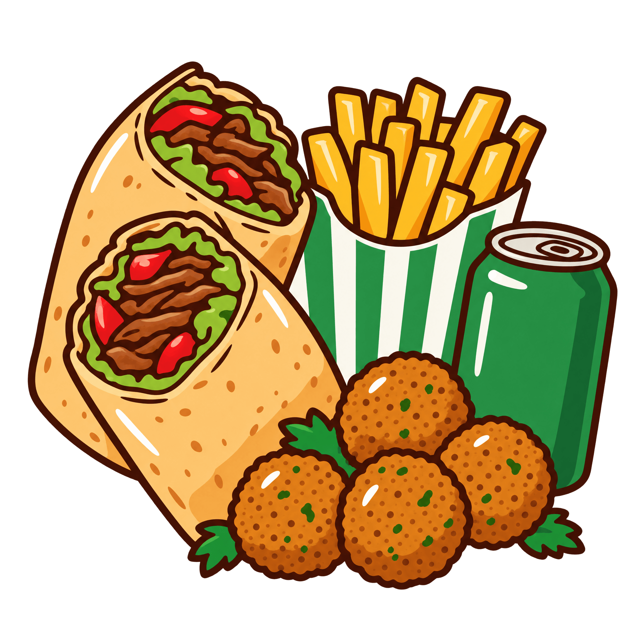 Shawerma, papas fritas, una lata de bebida y falafel