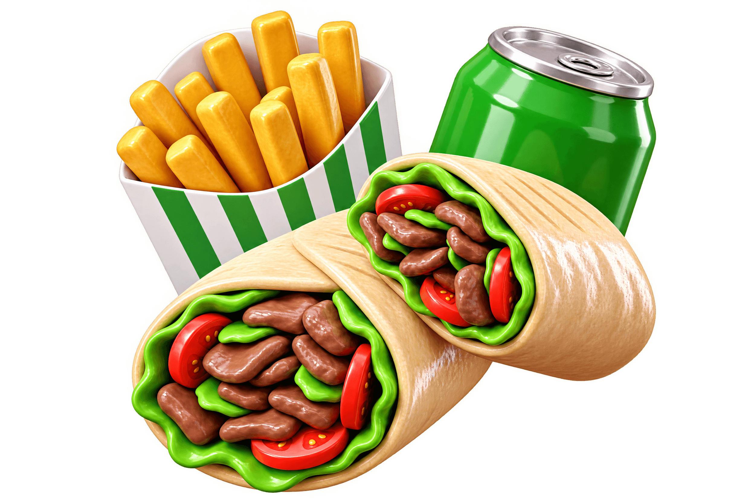Shawerma, papas fritas y una lata de bebida